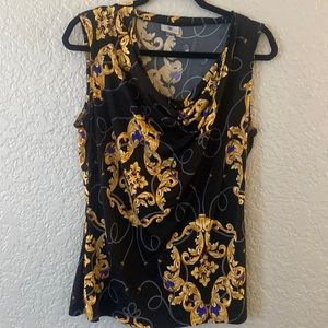 Worthington Stretch, Size Large, Black Sleeveless Cowl Neck Top, Gold Design